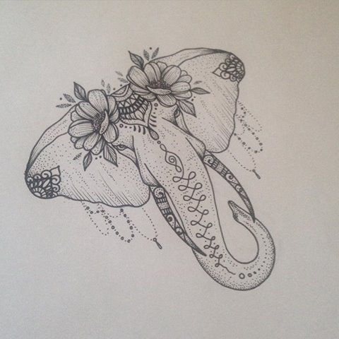 Nice dotwork flower-patterned elephant with lace decorations tattoo design