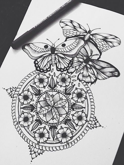 Nice floral mandala and butterfly flock tattoo design