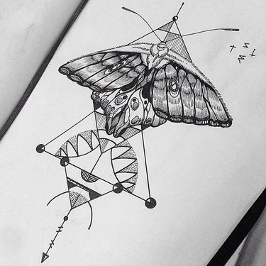 Nice grey-ink moth and different geometric drawings tattoo design