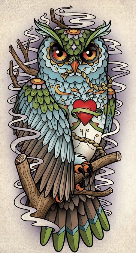 Nice multicolor nem school owl tattoo design