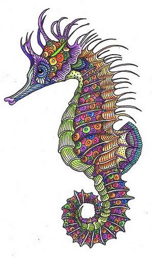 Nice multicolor ornametnted seahorse with fluffy mane tattoo design