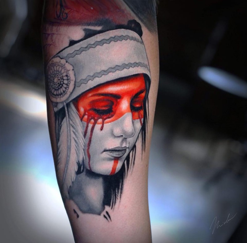 Nice native american girl tattoo on forearm