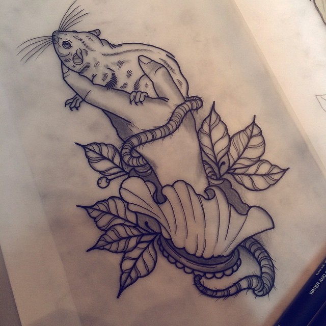 Nice outline mouse sitting on human palm with maple leaves decorations tattoo design