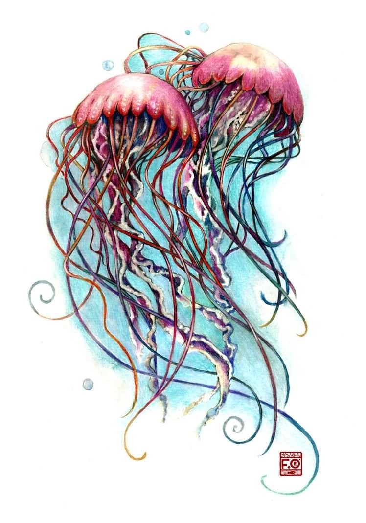 Nice pink-headed jellyfish couple tattoo design