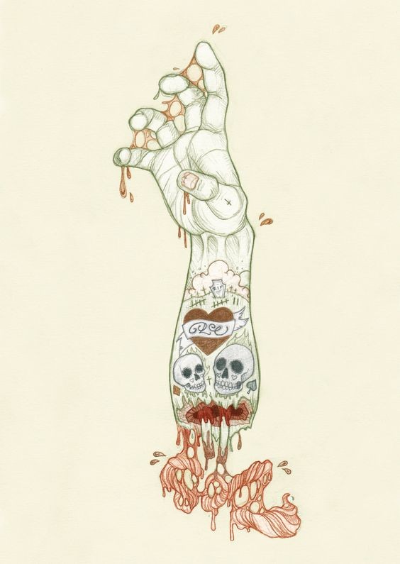Bela mão de zumbi tatuada em desenho de tatuagem de sangue