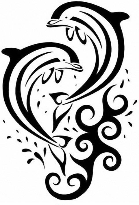 Nice tribal dolphin couple and curled wave line tattoo design