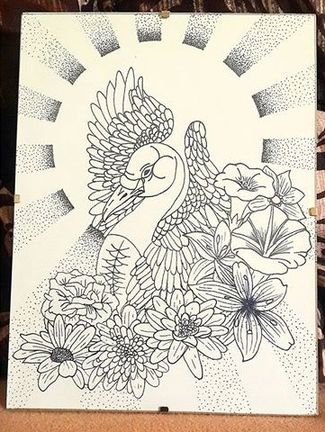 Nice uncolored swan with flowers on brightful sun background tattoo design