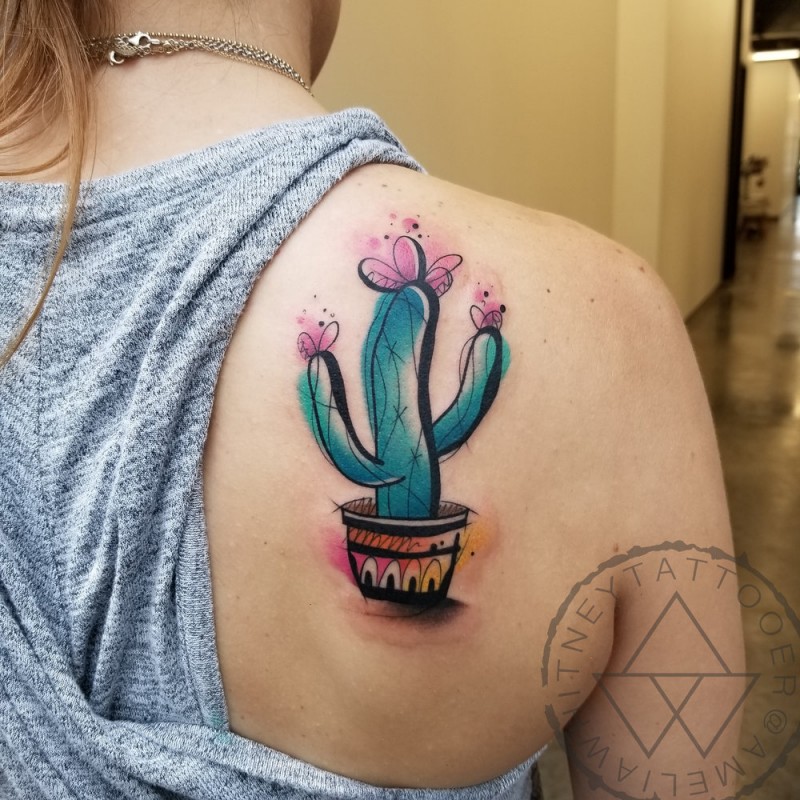 Nice watercolor cactus tattoo on shoulder