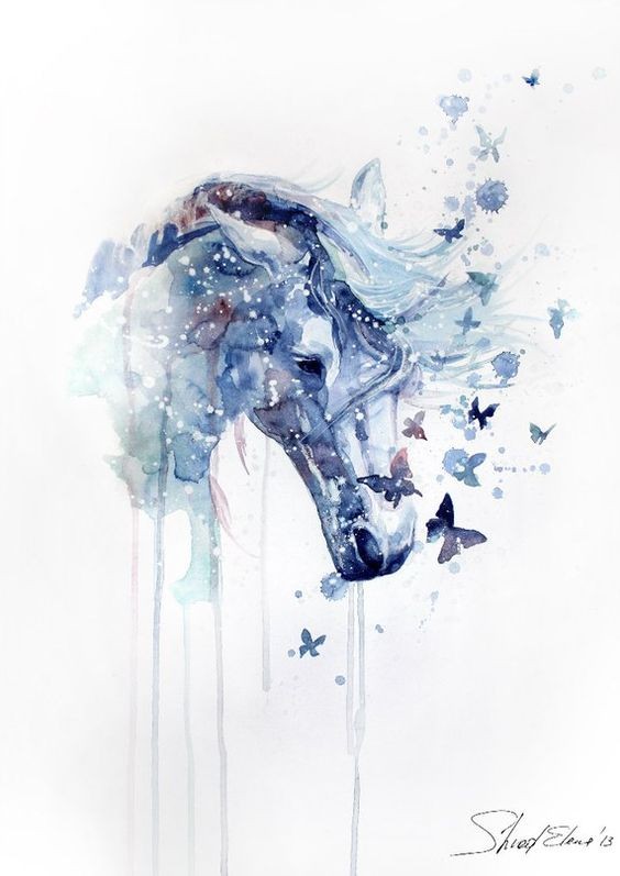 Nice watercolor horse head and butterflies tattoo design