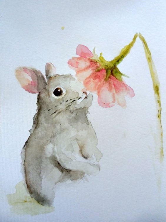 Nice watercolor rabbit smelling a pink flower tattoo design
