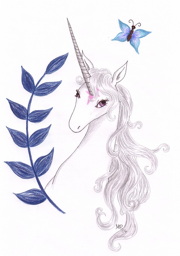 Nice white unicorn with big blue-ink branch and tiny flying butterfly tattoo design by Neri Chan