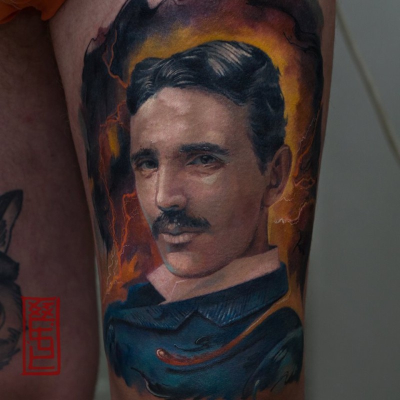Nikola Tesla portrait tattoo