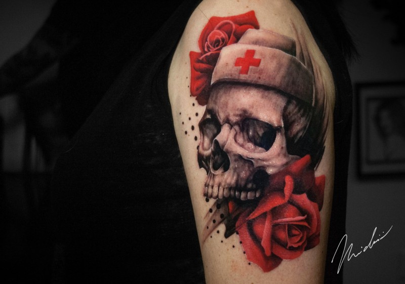 Nurse skull tattoo on shoulder