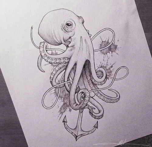 Octopus with roped anchor and splashes tattoo design