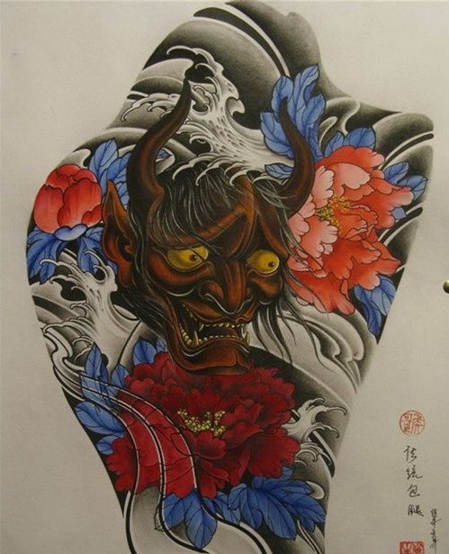 Old dark brown skin devil and bright red peony flowers tattoo design