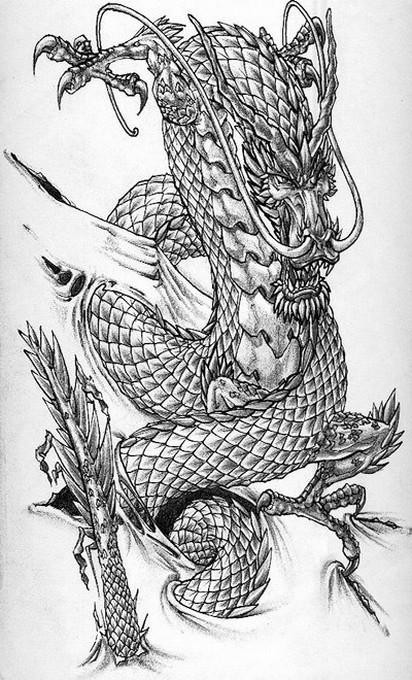 Old evil grey-ink chinese dragon tattoo design