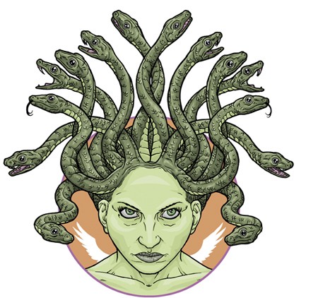 Old green-skin medusa gorgona head tattoo design