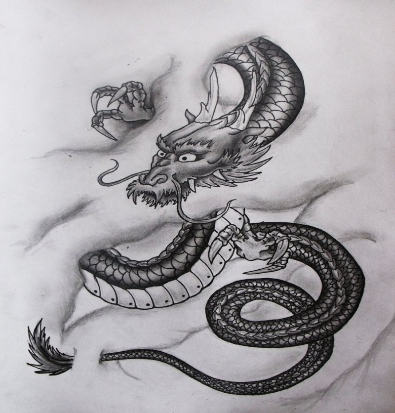 Old grey japanese dragon in clouds tattoo design by Ifinch