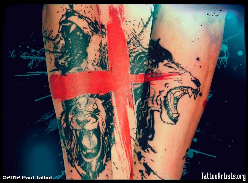 Old looking trash polka style tattoo of roaring lion with red cross