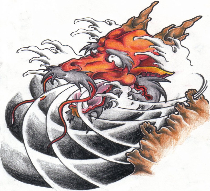 Old red japanese dragon with moustache tattoo design