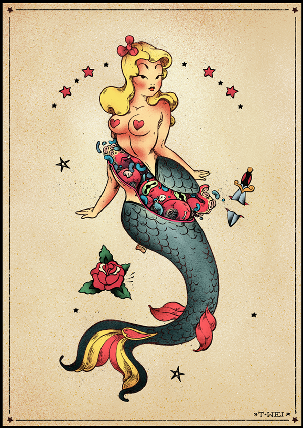 Old school blondy mermaid cut into two parts tattoo design