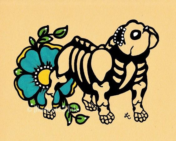 Old school bulldog skeleton and flower tattoo design