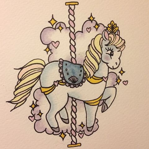 Old school colored carousel horse and purple smoke tattoo design