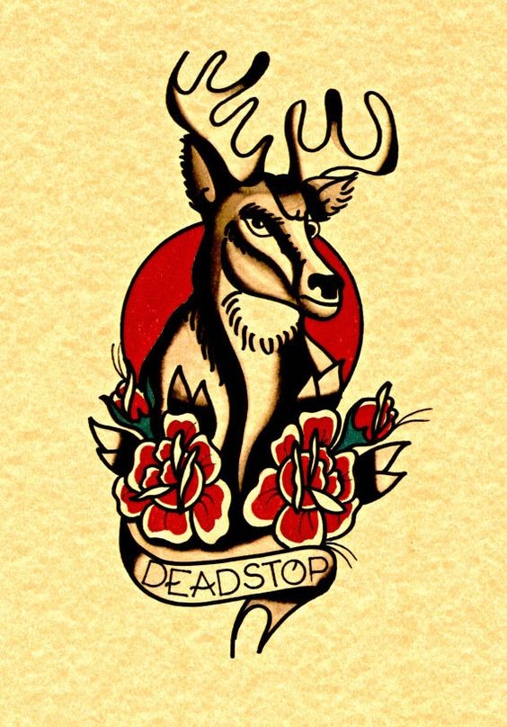 Old school deer wikt red roses and quoted stripe tattoo design