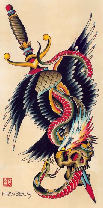 Old school eagle and snake pierced with a sword tattoo design