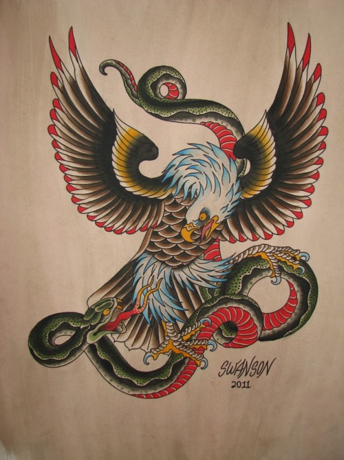 Old school eagle fighting with huge green snake tattoo design