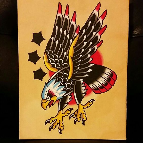 Old school eagle flying on stars and red sun background tattoo design