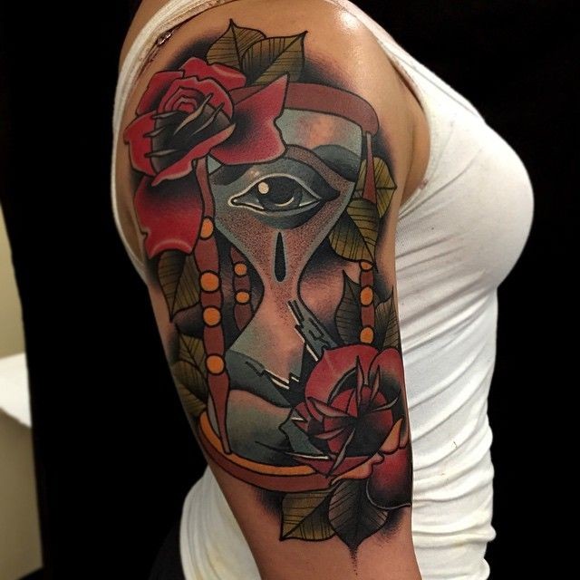 Old school hourglass with eyes tattoo on shoulder