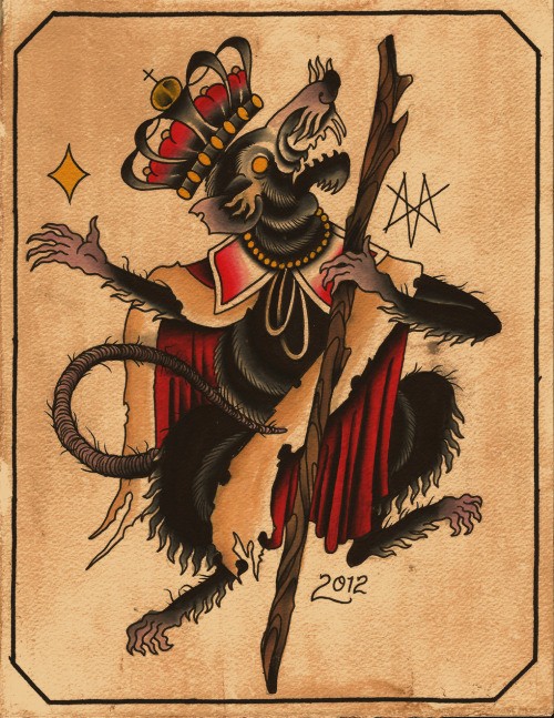 Old school imperial mouse in crown with wooden stick tattoo design