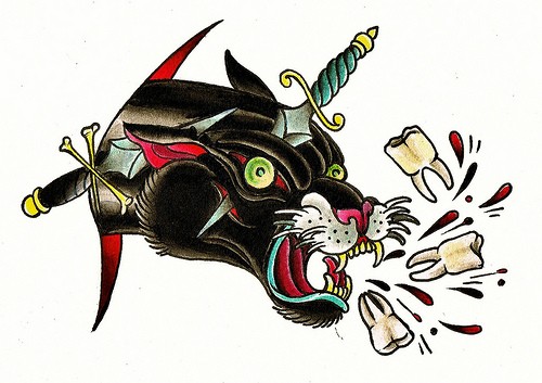 Old school killed panther with torned teeth tattoo design