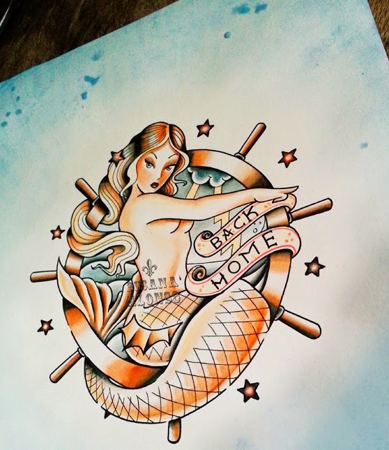 Old school mermaid and stearing wheel in orange colors tattoo design