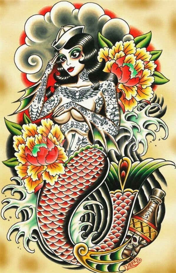 Old school mermaid sailor with peonies and grey clouds in japanese style tattoo design