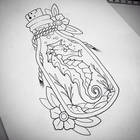 Old school outline seahorse in bottle with flowers tattoo design