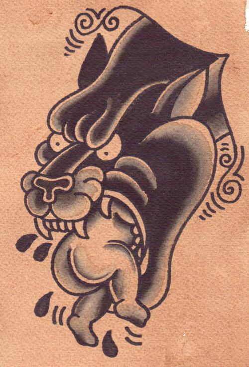 Old school panther eating naked baby tattoo design