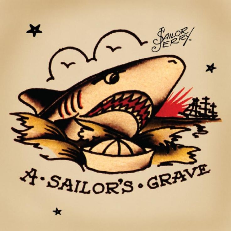 Old school shark in water and quoted banner tattoo design