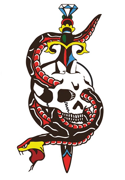 Old school snake clasping white skull with dagger tattoo design