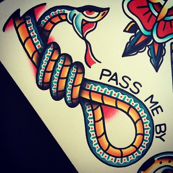 Old school snake loop with lettering tattoo design