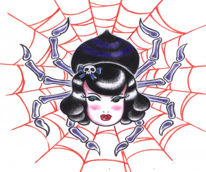 Old school spider with pretty woman head hanging on red net by Moncadel Demonio