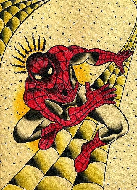 Old school spiderman hanging on his net tattoo design