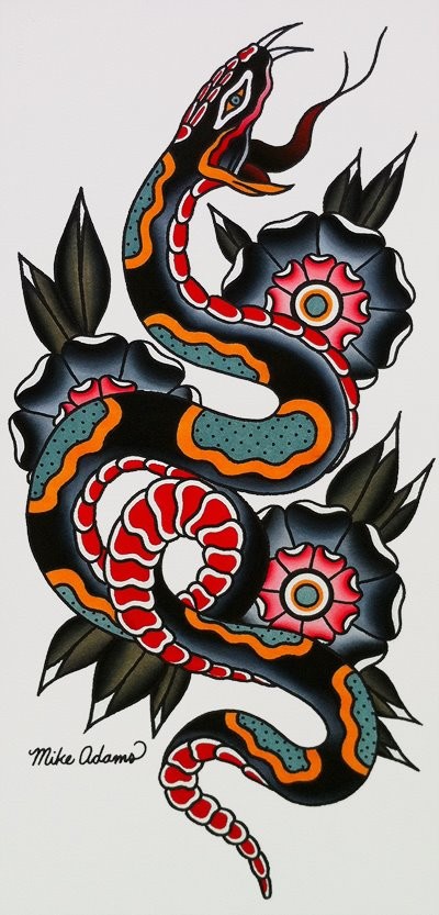 Old school spotted snake and black flower buds tattoo design