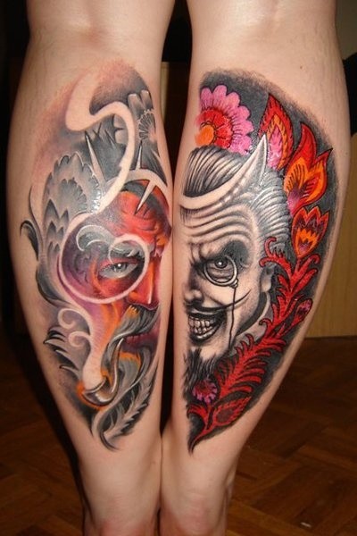 Old school style colored leg tattoo of various monsters