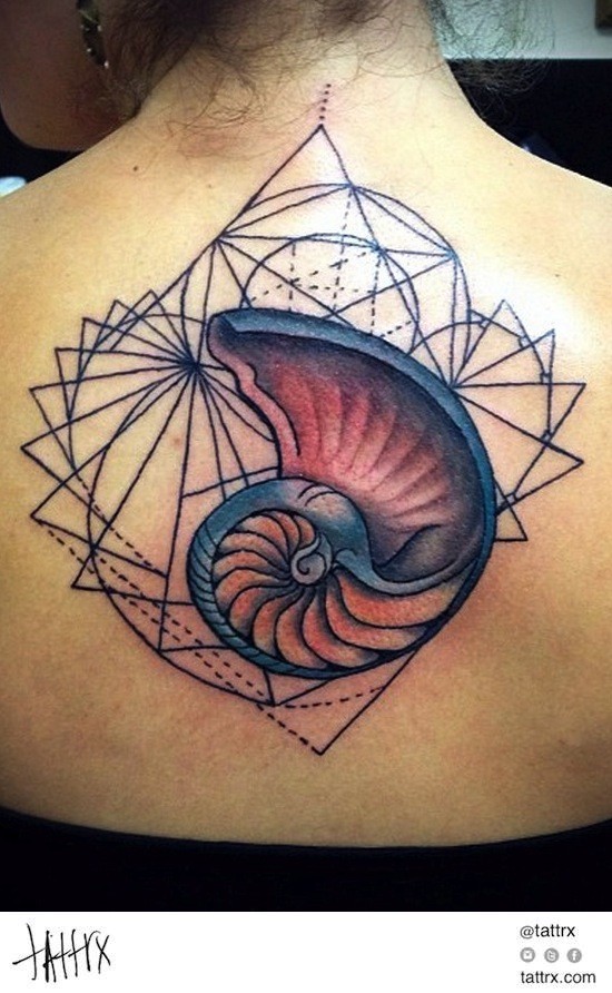Old school style colored upper back tattoo of nautilus shell with geometrical figures