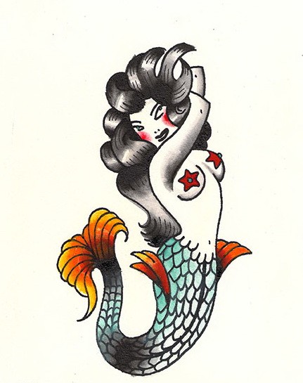 Old school style flirting mermaid tattoo design