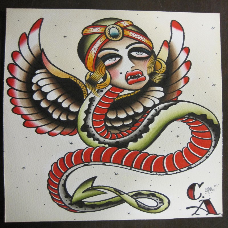 Old school winged snake with gypsy girl head tattoo design