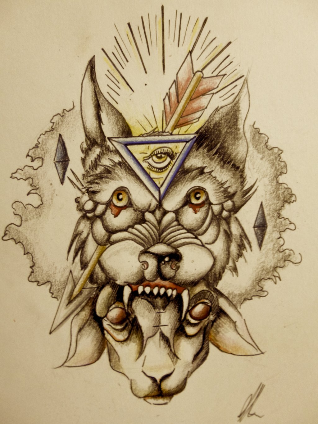 Old school wolf and sheep heads with illuminati tattoo design by Onichollsart
