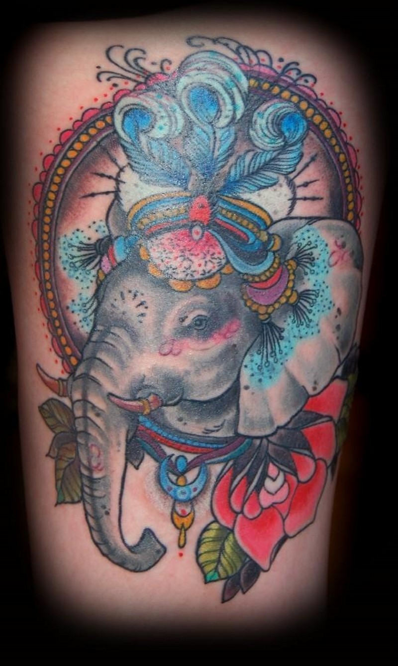 Old style multicolored littla lady elephant animal portrait tattoo on shoulder